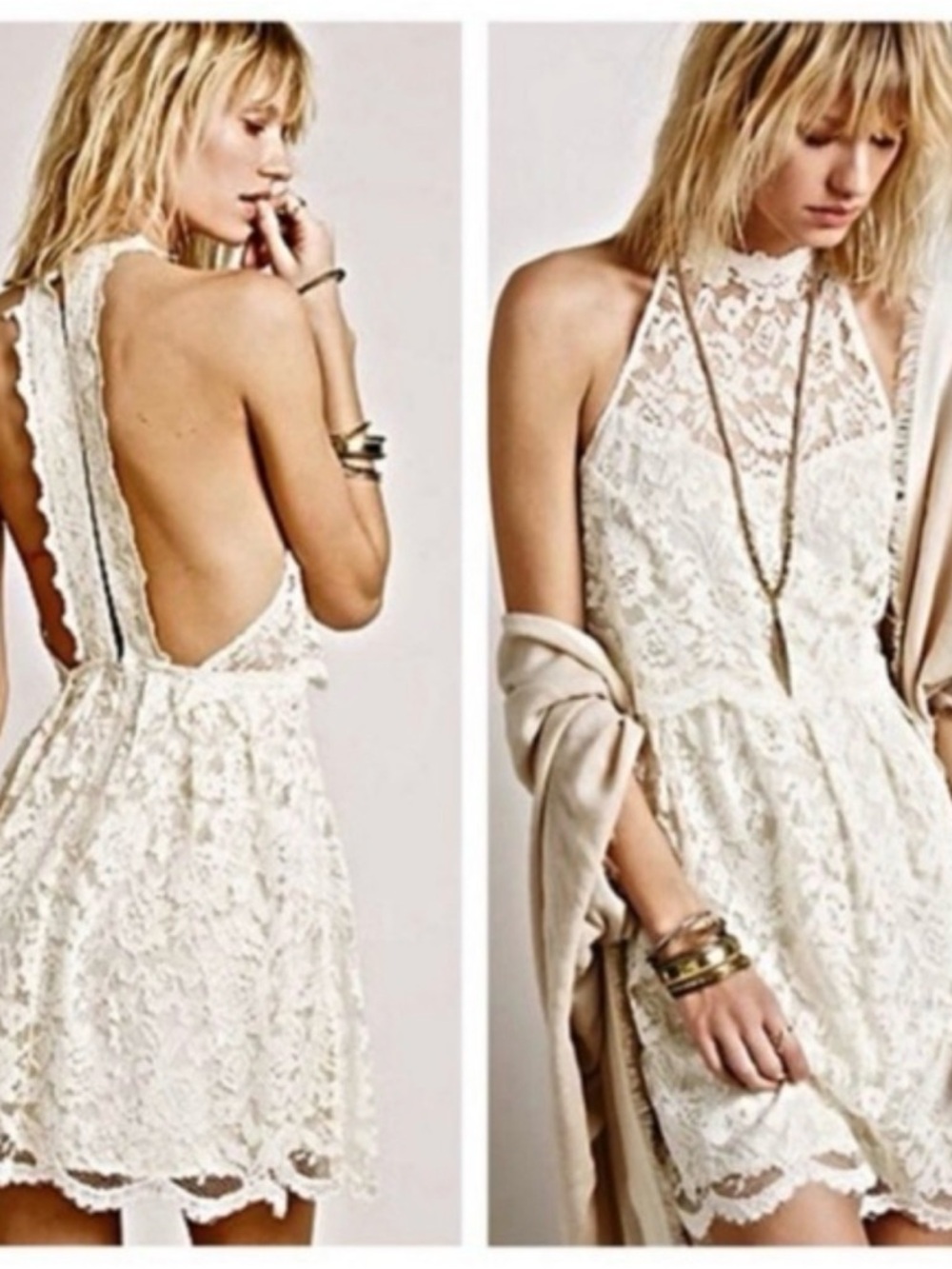 Free People Ivory Lace Backless Halter Mini Dress